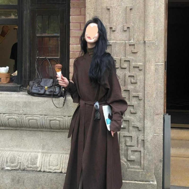 Hepburn Sle HighEnd Long Coat Elegant Tie Waist Brown Trench Coat for Women W250926