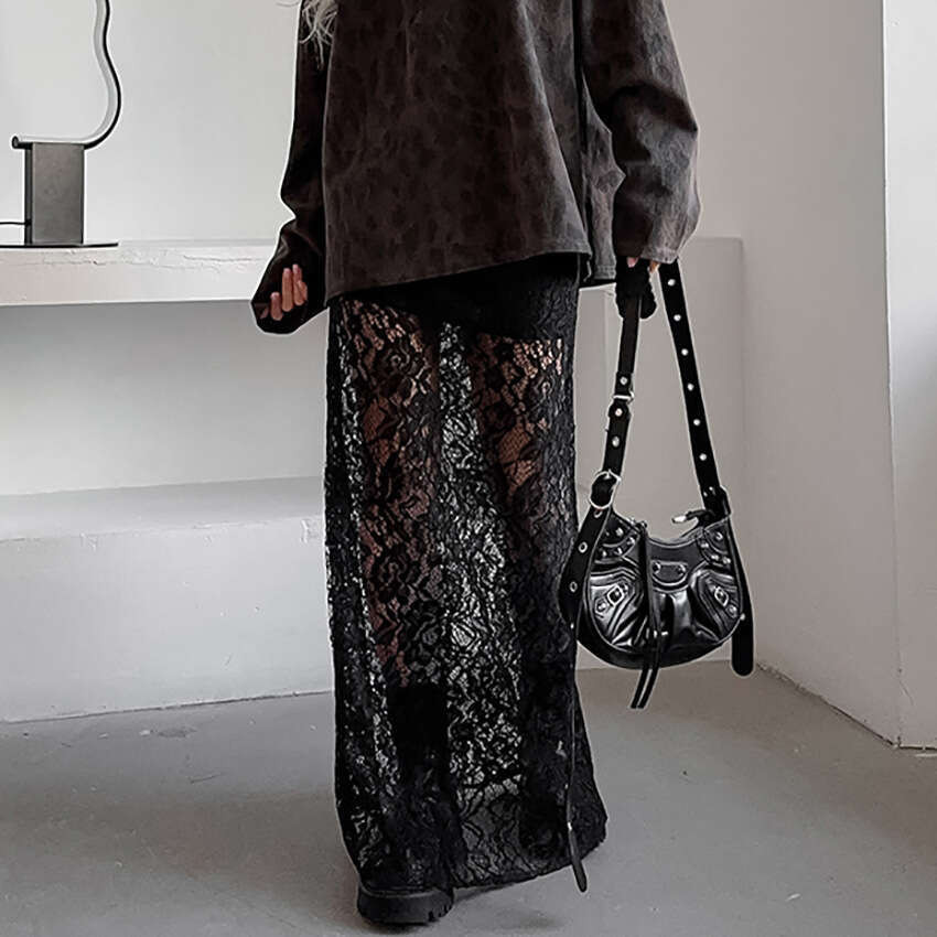 2025 Summer Sexy Hollow Lace Midi for Women Elegant A-line Long Skirt Little Black Dress with Design Sense Women's Fashion