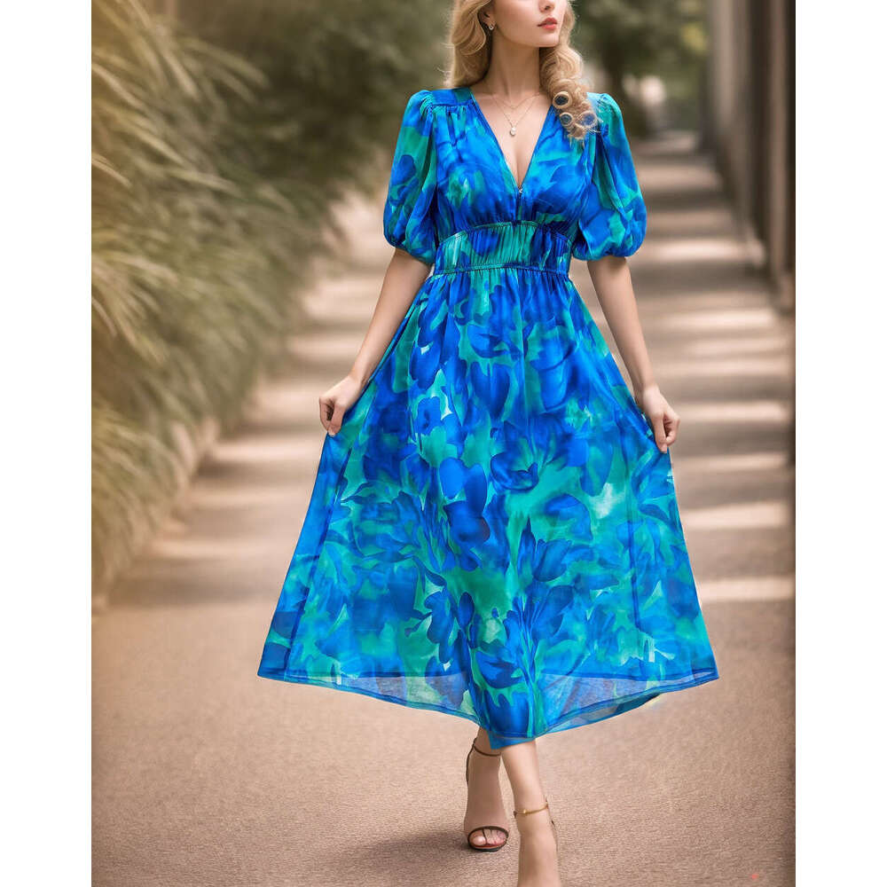 2025 Summer European and American Cross-Border Waist-Cinching Elegant V-Neck Printed Long Dress