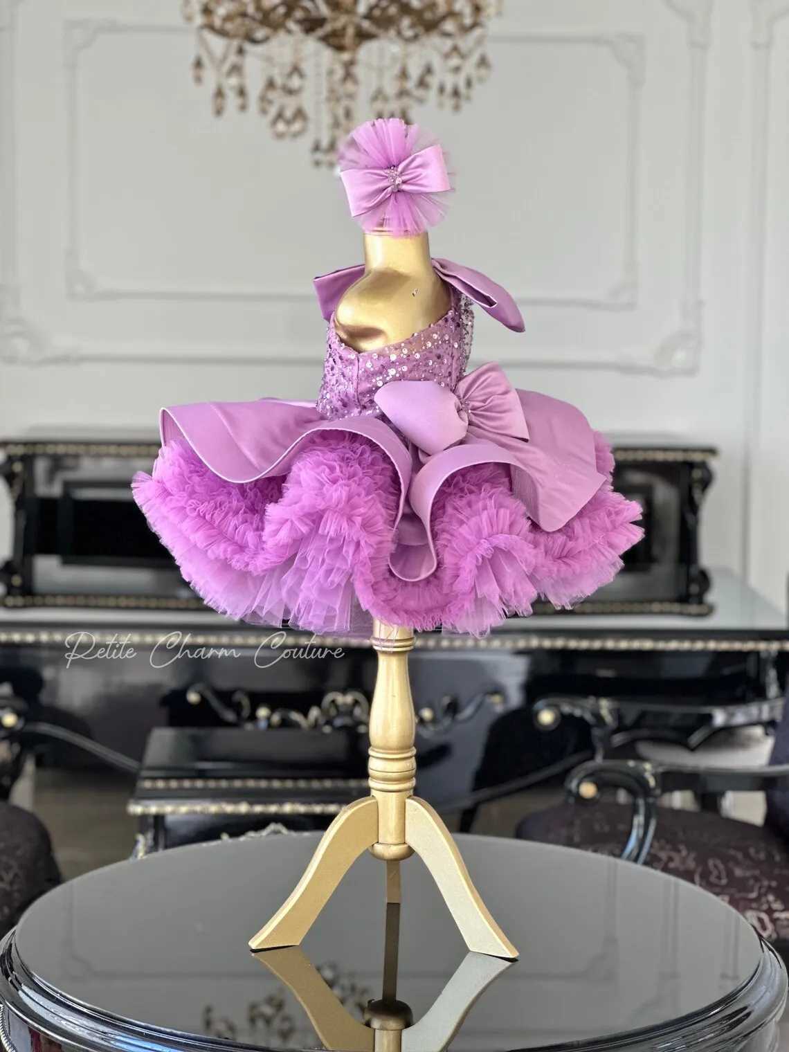 Puffy Short Glitter One Shoulder Toddler Birthday Party Dresses Lavender Tulle Bow First Pageant Princess Flower Girl Dresses Z250926