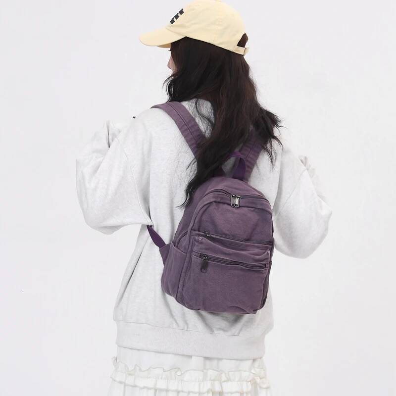 Small Canvas Backpacks Women 100% Cotton School Bags For Teenage Girls Solid Purple Brand Korea Style Cloth Casual Satchels high-quality