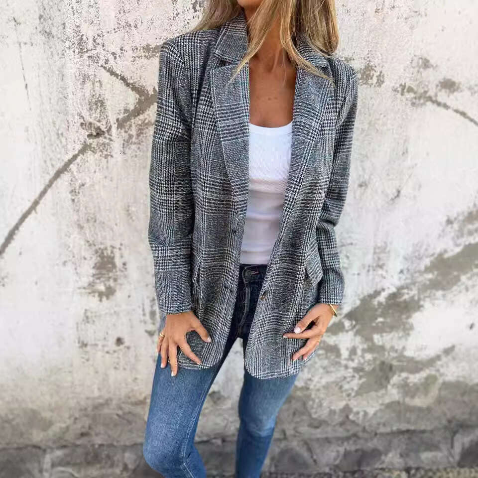 2025 Cross-Border European and American Autumn Winter Coat Women's Casual Retro Houndstooth Lapel Blazer Versatile