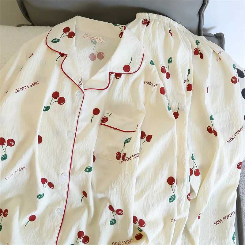 Cherries Print Two Pieces Pajamas Set Autumn Faux Cotton Pajamas Korean Fashion Home Clothes Ladies Pants and Top Set Pijamas Z250925