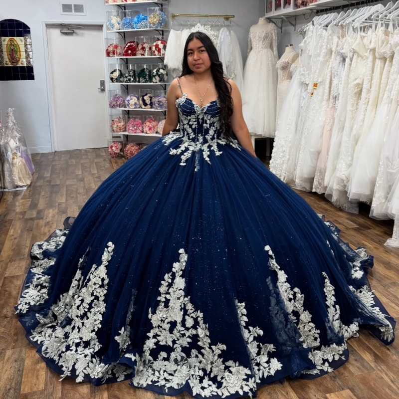 Navy Blue Shiny Quinceanera Dresses Spaghetti Strap Applique Lace Beading Corset Tull Party Birthday Sweet 16 Dress Vestidos 15 De Anos
