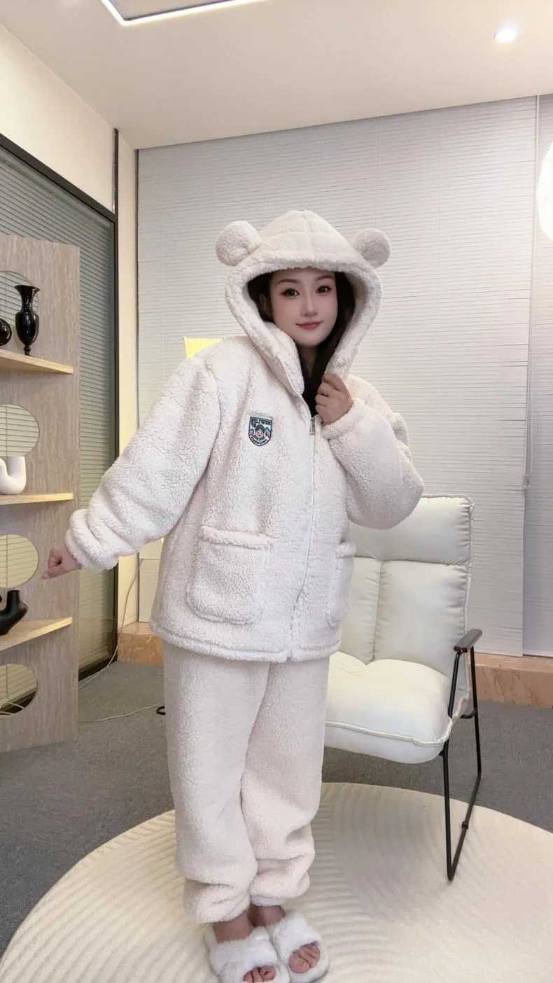 Brown Furry Pajama Sets Fluffy Teddy Bear Hooded Zipper Sleepwear Women Plush Warm Thick Christmas Homewear Y2K Kawaii Nightwear Z250925