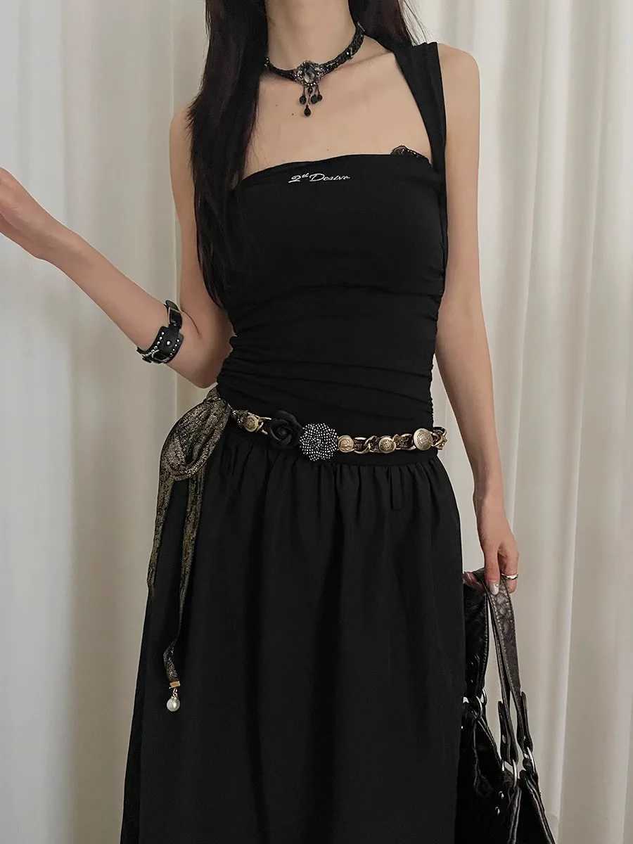 Wasteland wave of the West Miah Wind Flower Belt Women 2024 New Decorative Dress With HighEnd Design Feeling Waist Black L250926