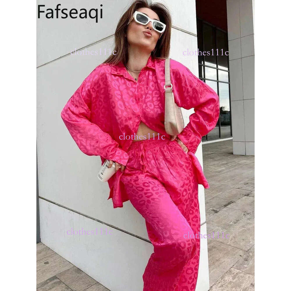 White Satin Wide Leg Trousers Suit For Women Spring Office Leopard Print Two-Piece Set Home Tracksuit Womens Pamas Sets 240415