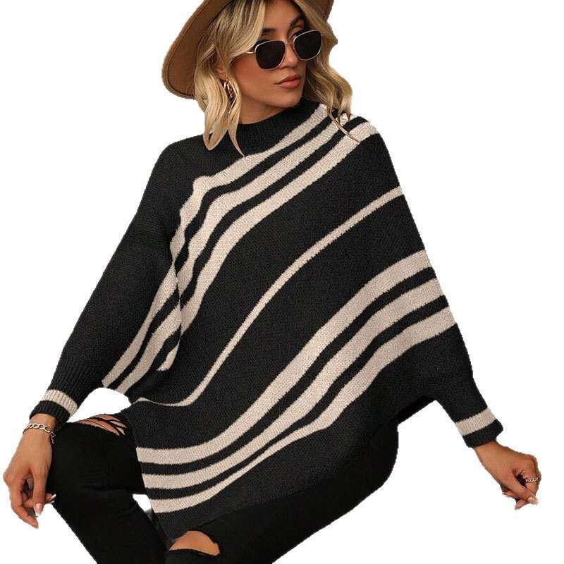 Half High Neck Pullover Striped Color-Block Shawl Cape Loose Knitted Batwing Sleeve Sweater for Women