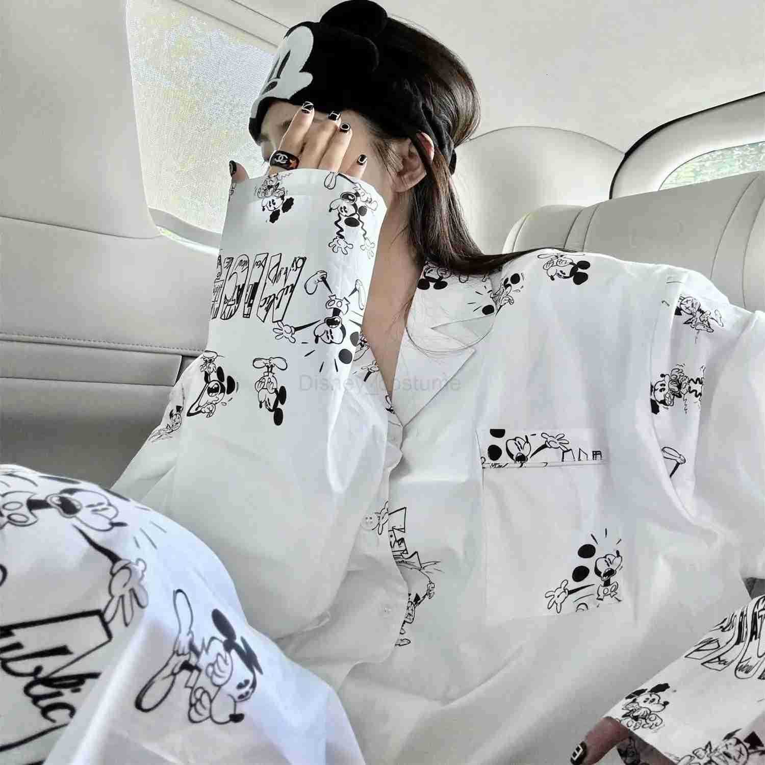 Disney Autumn Mickey Print Cotton Long Sleeve Set Lapel Sleepwear Button Down Womens Pajamas Set Spring Casual Comfortable Nightwear H250926