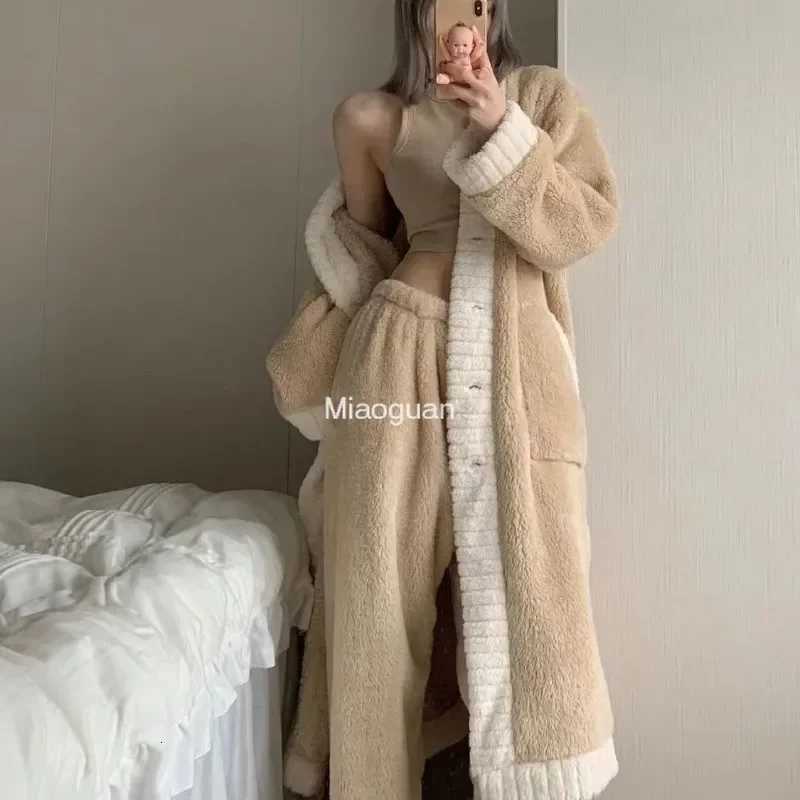 Autumn Winter Warm Fleece Pajama Sets Thicken Coral Velvet Nightgowns Sleepshirts and Bottoms Suit Homewear Long Robes for Women Z250925