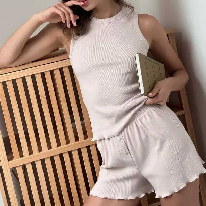 Casual Solid Ribbed Knit Lounge Set Womens Sleeveless Tank Top and Lettuce Hem Shorts Two Piece Summer Pajama Outfit Homewear Z250925