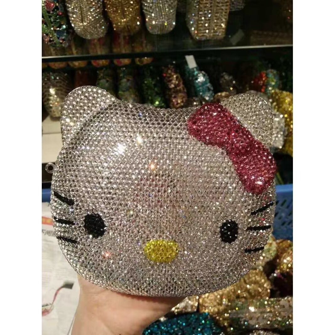 Sanrio Hello Kitty Anime Cartoon Shape Rhinestone Cartoon Full Of Diamonds Dinner Bag Handmade Diamond-set Ladys Clutch Christmas Giftw250621