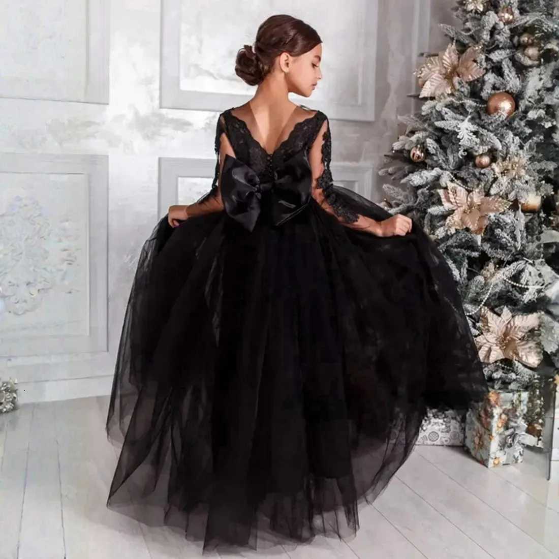 Black Flower Girl Dresses for Wedding Tulle Lace Appliques Full Length Girl Kids Birthday Ball Gown First Holy Communion Gowns Z250926