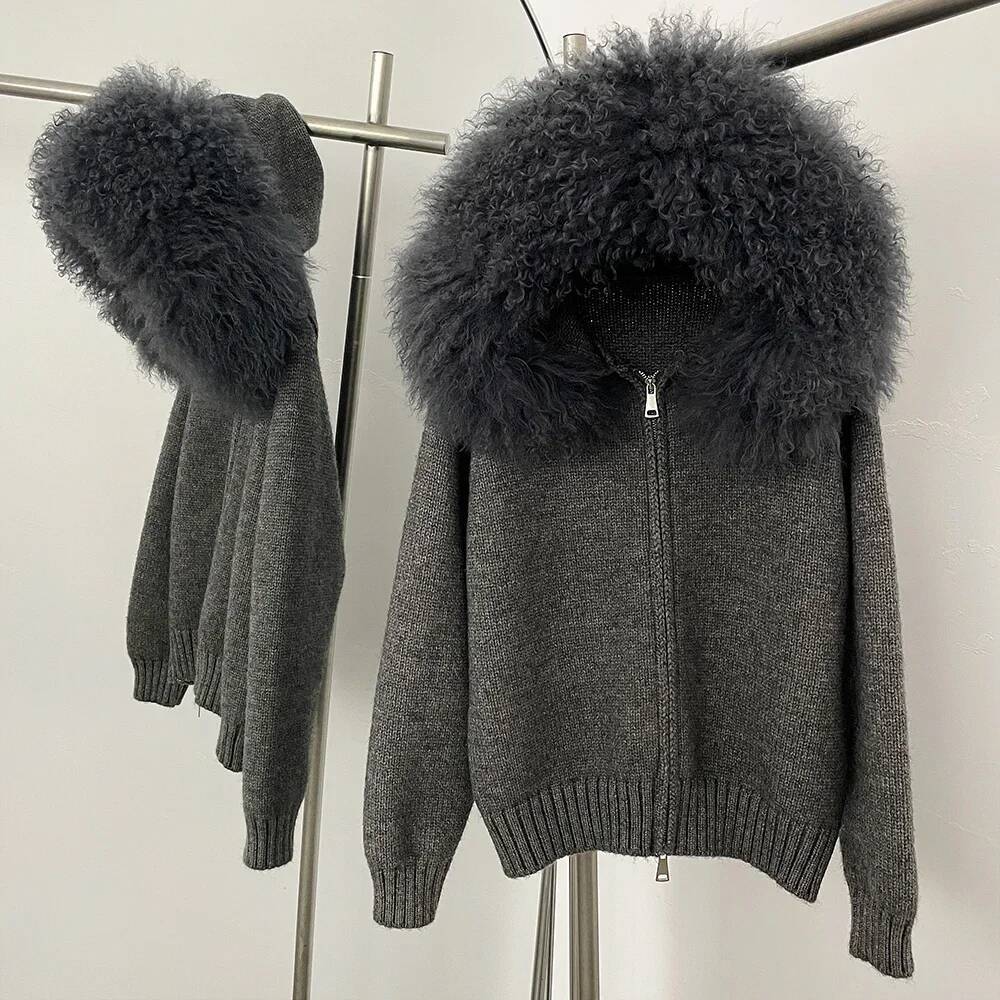 Cardigan Natural Fox Coat Women Real Mongolian Knitwear Female Spring Autumn Hooded Knitted Fur Jacket