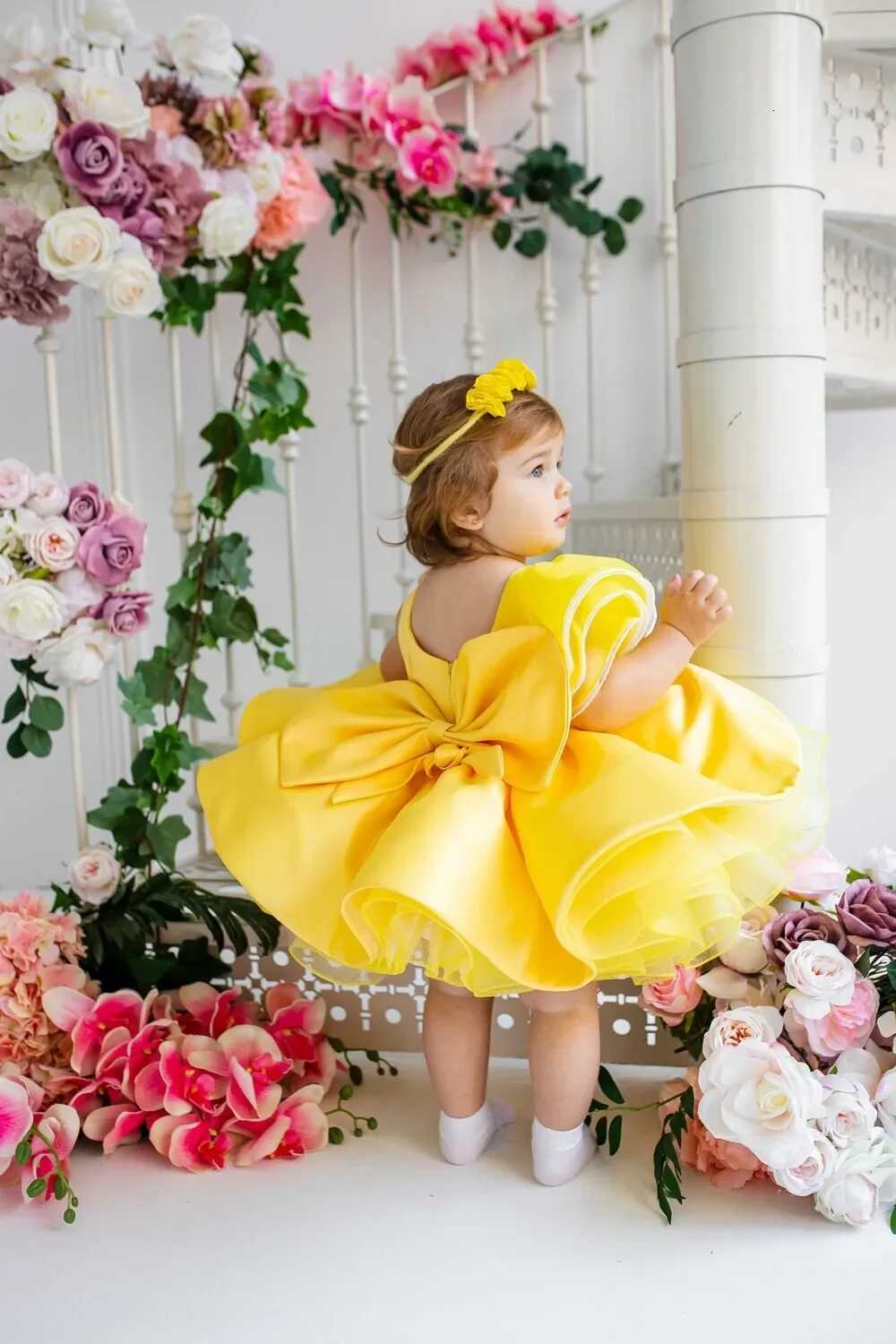 Lovely Yellow Flower Girl Dress Baby First Communion Gowns Wedding Thin Length Bow Belt Kids Birthday Gift Ball Party Clothing Z250926