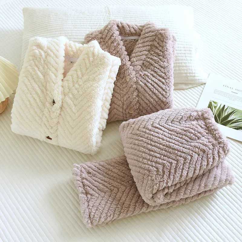 2025 New Winter Flannel Nightwear Set VNeck Plush Thickened Coral Plush Solid Color Home Fur Long Sleeve Pants Two Piece Set Z250925