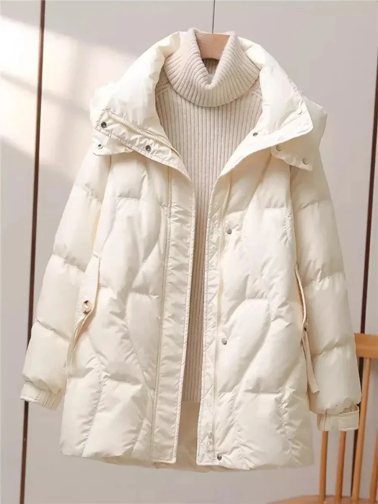 White Duck Down Jacket Women Warm Midlength Puffer Jacket 2025 Autumn Winter Fashion Casual Hooded Duck Down Coat Female 250917