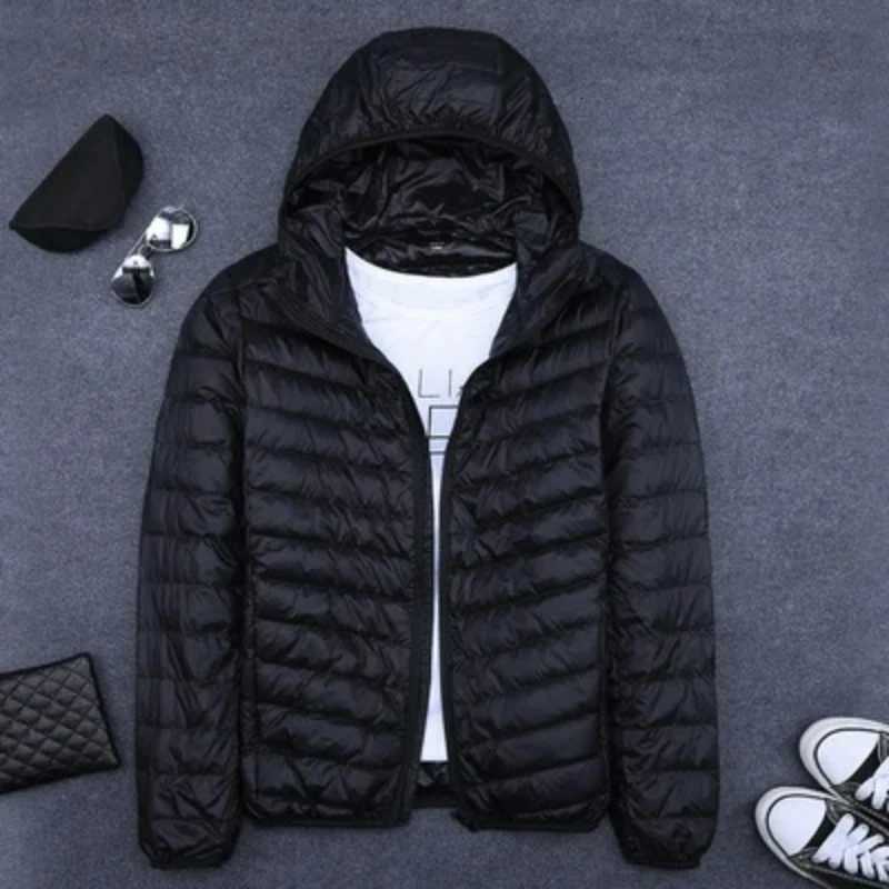 010 Mens Winter Coat Duck Down Jackets Ultra Light Thin Hooded Down Coat Portable Windproof Puffer Parkas Male Overcoat 5XL W250926