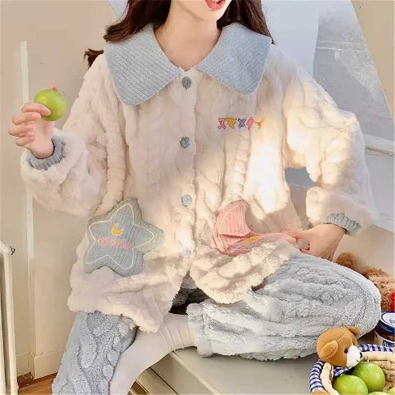2024 New Coral Fleece Pajamas Women Thick Suit Lapels Cartoon Sweet Girls Flannel Loungewear Casual Warmth Famale Sleepwear Sets Z250925