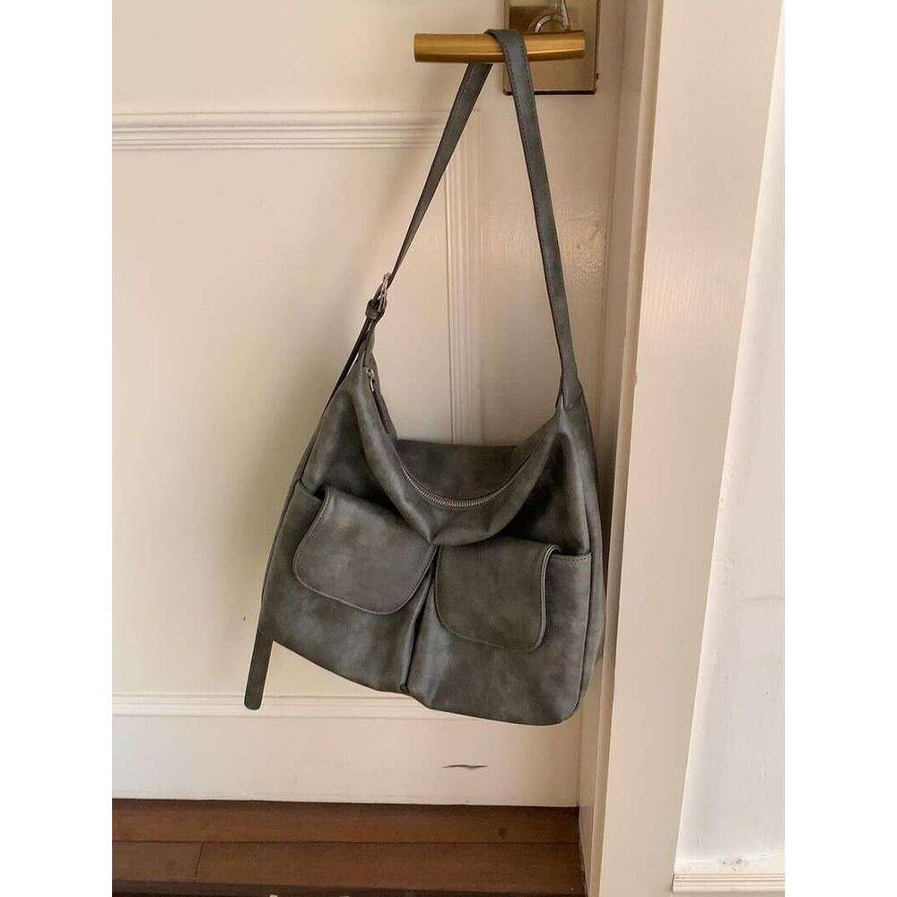 Fall And Winter Korean Customized Double Pockets Lazy Soft Leather Shoulder Large Casual Satchel Fashionable Versatile Leisure Daily