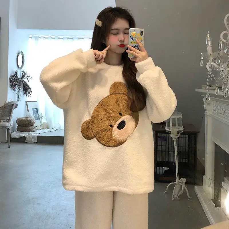 Women Autumn Winter Two Pieces Sets Warm Flannel Homewear Thickened Trousers Longsleeved Pajama Coral Oneck Loose Cute Cartoon Z250925