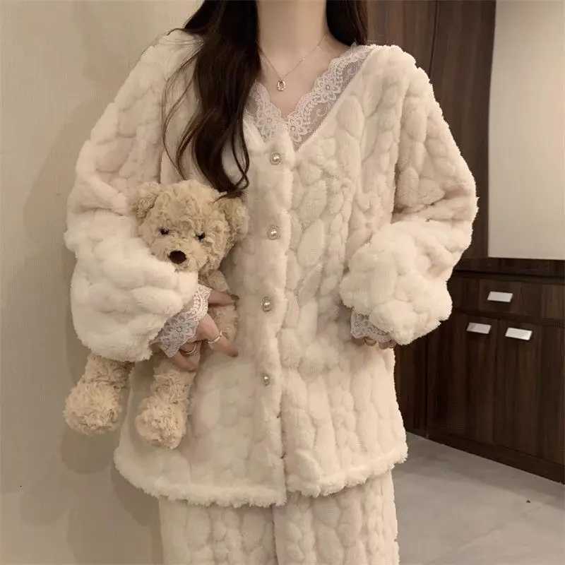 Autumn Winter Flannel Womens Pajamas Sets Contrast Lace Hollow Out 2pcs Sleepwear Velvet Homewear Sweet Vneck Cardigan Pyjama Z250925