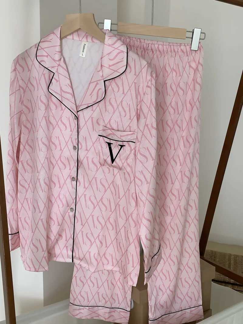Loose Satin Home Clothes Spring Autumn Pajamas Nightwear Print V Lounge Wear Two Piece Set Print Long Sleeve Trouser Nightwear Z250925