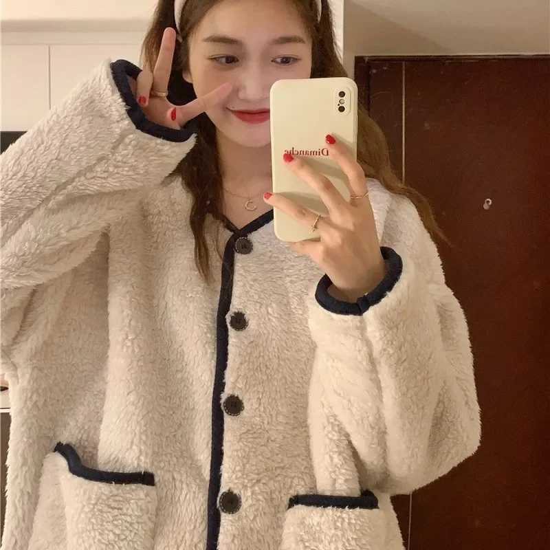 2024 New Coral Fleece Atmosphere Home Tweed Style Winter Thickened Simple Sleepwear Suit Home Clothes For Men And Women Z250925