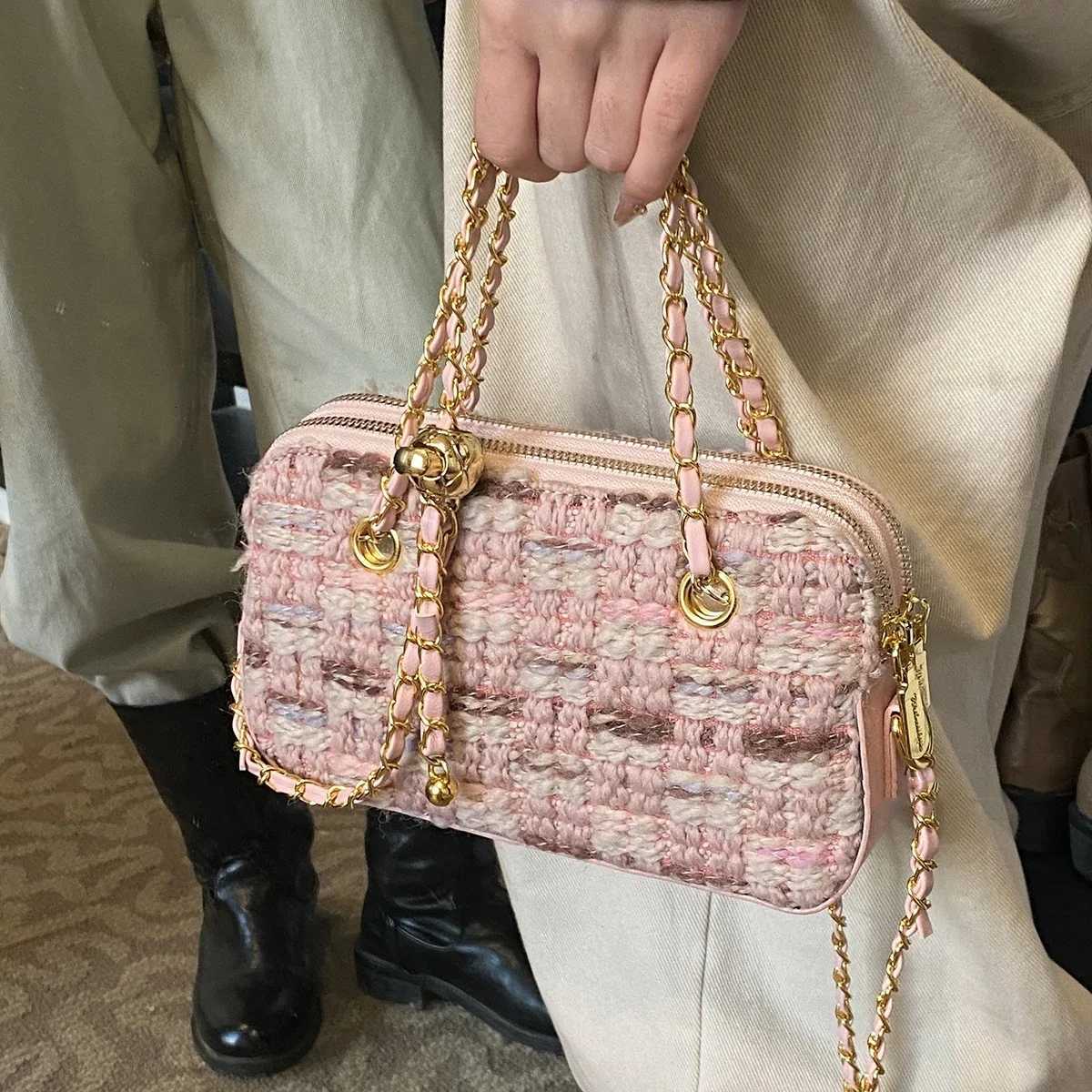 Elegant Women Pink Tweed Shoulder Bag Contrast Color Soft Crossbody Chain Bags Large Capacity Female Allmatch Evening Packs Z250926