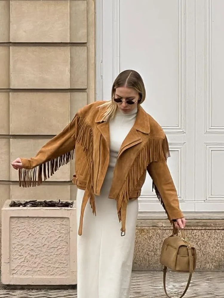 Chic Tassels Patchwork Brown Suede Jacket Women Elegant Lapel Full Sleeves Zipper Loose Coat Autumn Fashion Female Street Wear 250922 - view 7