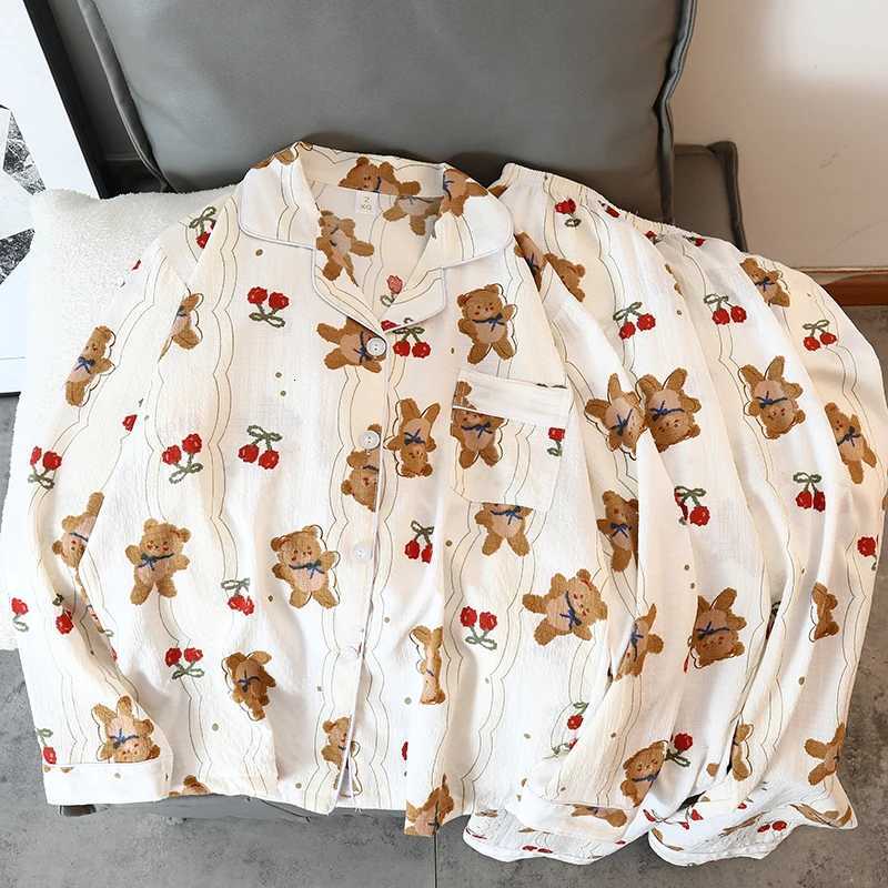 Cartoon Cherry Bear Kawaii Womens Pajamas Harajuku Cute Y2K Pajamas for Women Long Sleeve Top Elastic Waist Pants Sleepwear Z250925