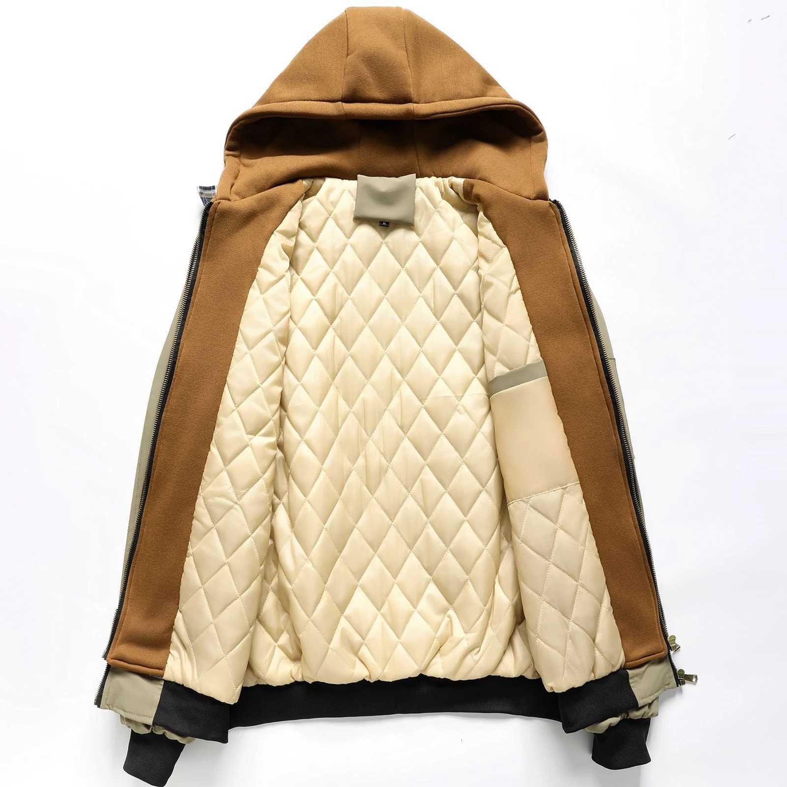 Mens Fall Winter Quilted Jacket Plaid Fake Two Pieces Zipper Up Lightweight Long Sleeve Hood Coat W250926
