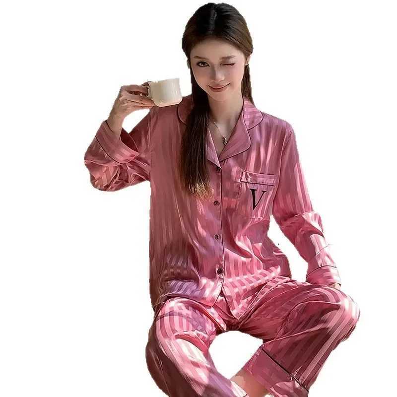 New Female Pajamas TwoPiece Set Loungewear Spring Autumn New Sleepwear Pyjama Pour Femme Hot Pink Satin Homewear Trouser Suits Z250925