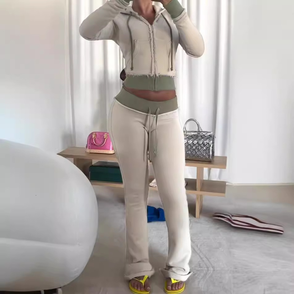 Leosoxs Patchwork 2 Piece Set Tracksuit Women Zip Wide Waist Crop Hooded Pocket Jacket Sporty Pants Matching Casual Basic Suit 250712