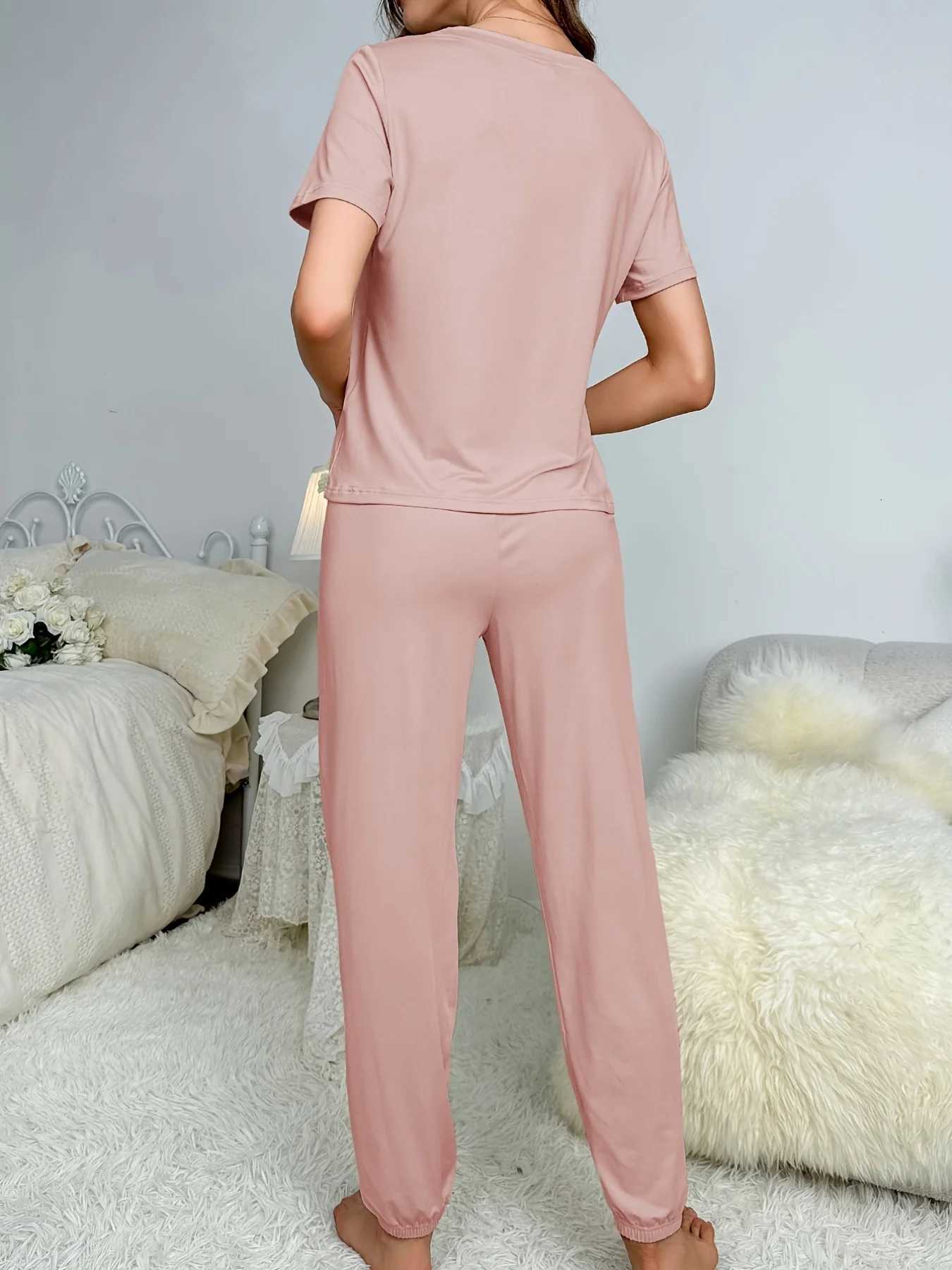 Womens new style pajamas short sleeve trousers elegant casual twopiece solid color home wear Z250925