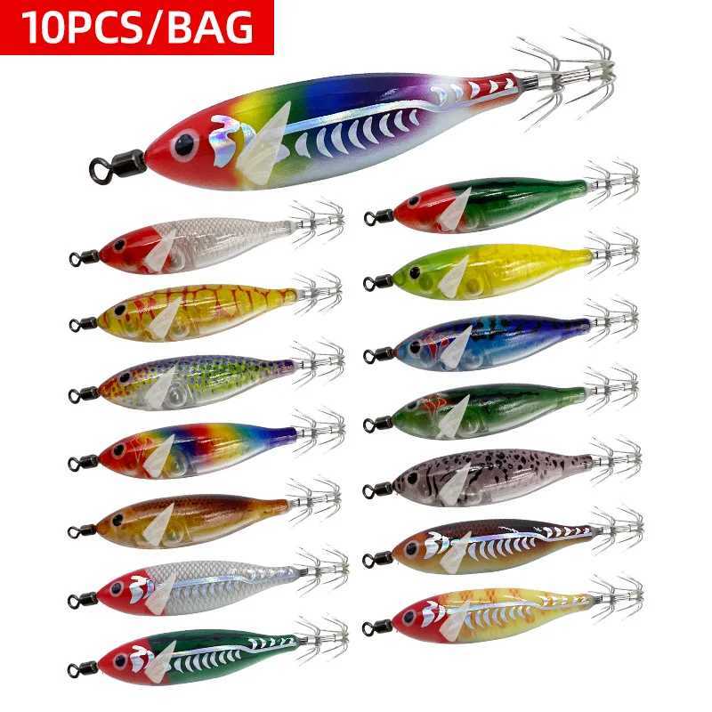 10 Pieces Wood Shrimp Fake Bait Set 57g Simulated Luminous Wood Shrimp Bait Jig Squid Hook Sea Fishing Octopus Squid Bait W250926