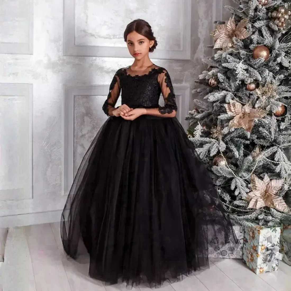 Black Flower Girl Dresses for Wedding Tulle Lace Appliques Full Length Girl Kids Birthday Ball Gown First Holy Communion Gowns Z250926
