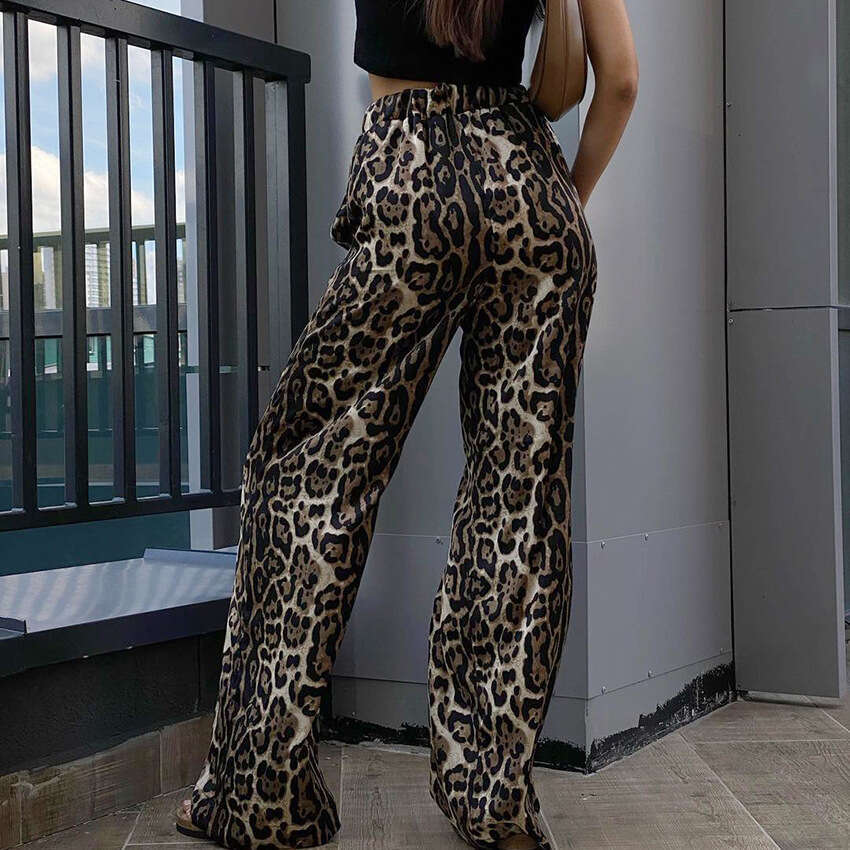 Fashionable Street Style Leopard Print High Waist Wide Leg Pants for Women 2025 Autumn Loose Floor-Length Casual Trousers