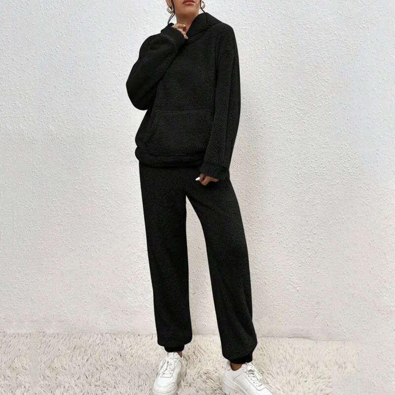 Cross-Border Autumn Winter New European and American Casual Women's Clothing Solid Color Plush Hooded Sleeve Long Pants Set for Women