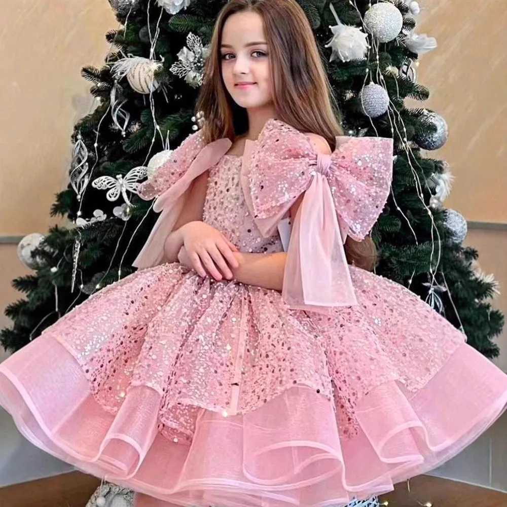 Sequin Flower Girl Dress Sparkly Tulle Princess Gown With Bow Cape Kids Girls Clothes First Communion Formal Occasion Birthday Z250926
