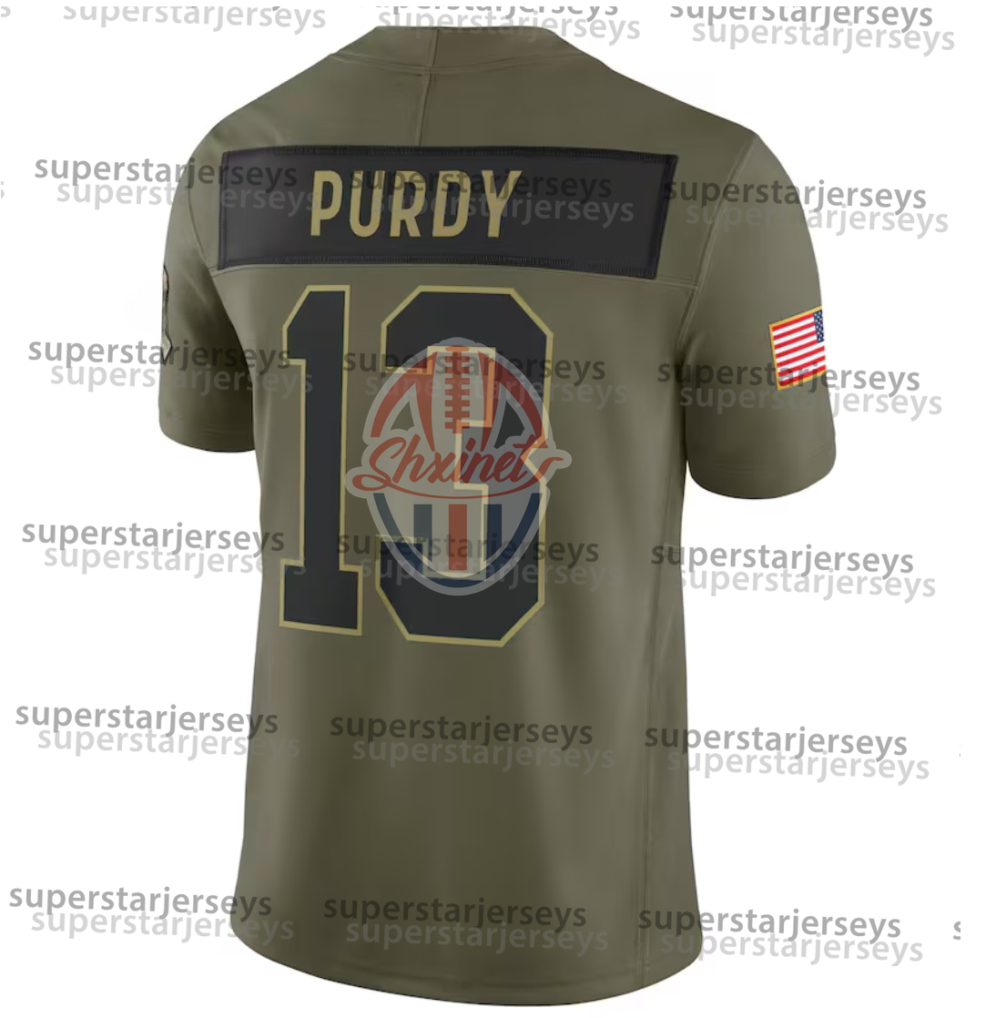 Mens Olive Salute Custom Football 2025 Rivalries Jersey Brock Purdy George Kittle Fred Warner Christian McCaffrey Mac Jones Deommodore Lenoir 666