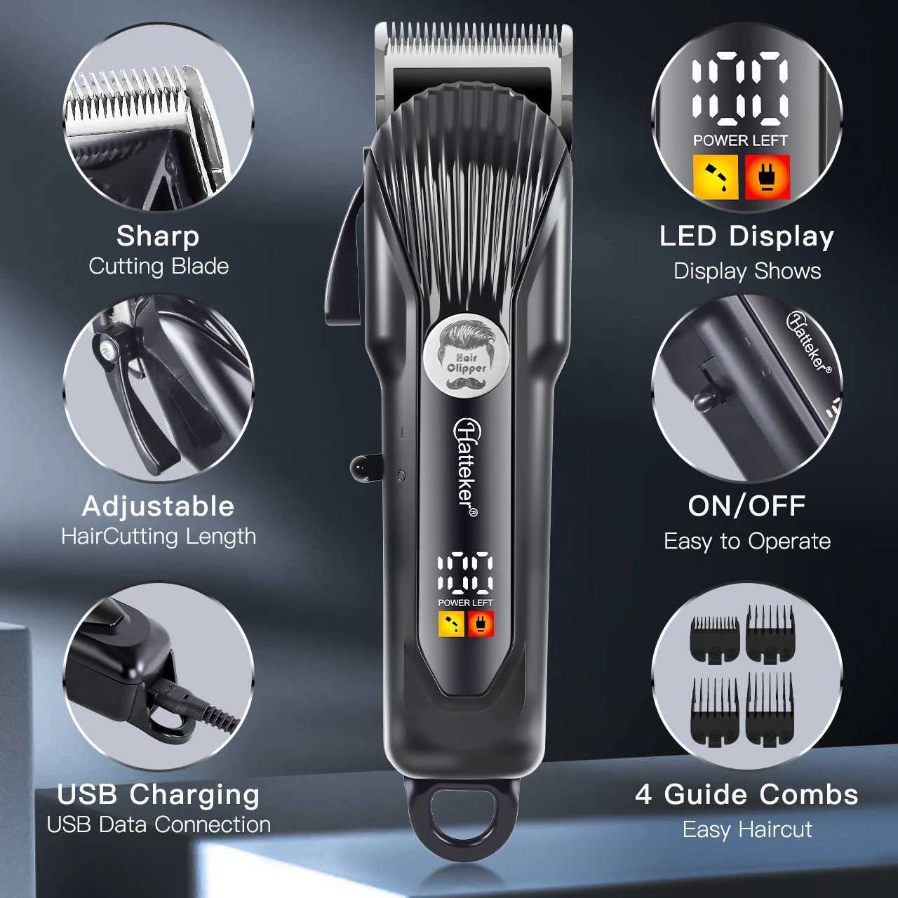 Hatteker Electric Hair Trimmer Professional Adjustable Four Levels Razor Head Intelligent Digital Display Salon Haircut Machine R250926