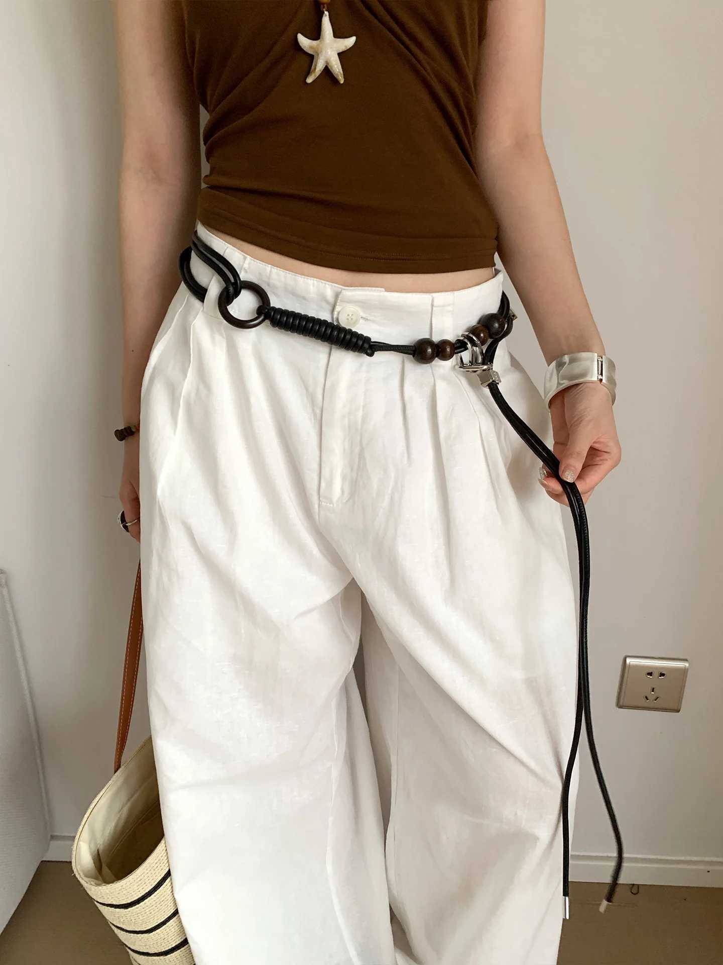 Fashionable Wooden Beads Belt With Artistic Knots For Women New Style Niche Slimming And Versatile Leather Belt L250926