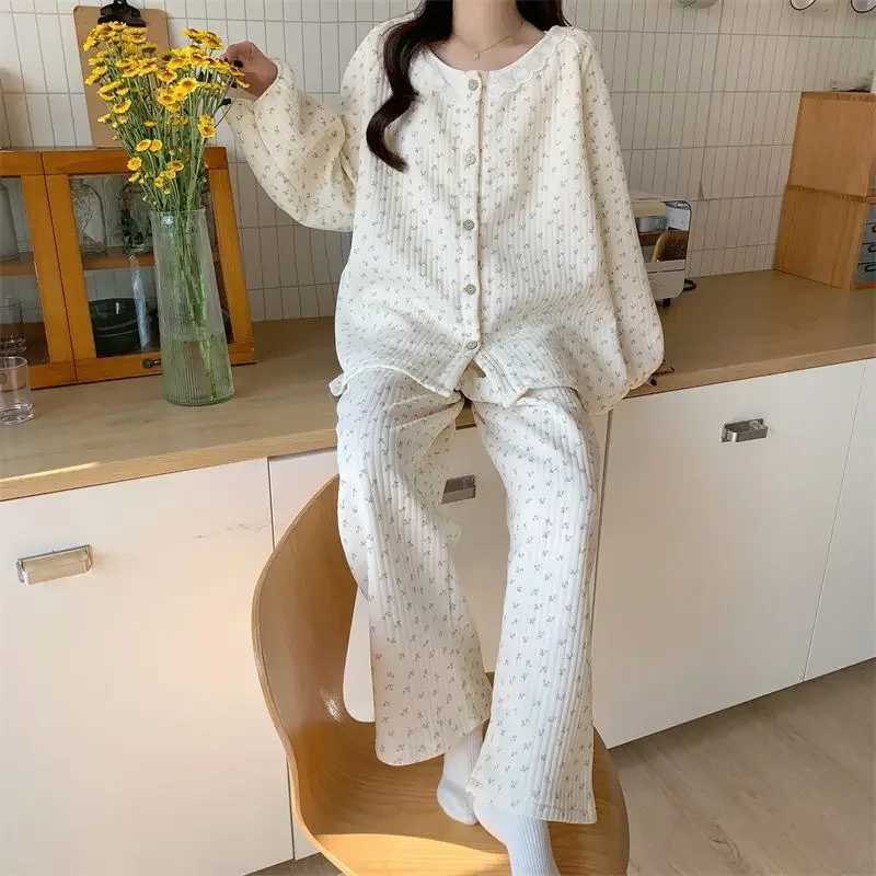 Floral Sleepwear Women Pajama Sets Winter Piiama Fleece Pants Sets 2 Pieces Korean Cute Lace Night Wears Warm Sleeping Home Suit Z250925
