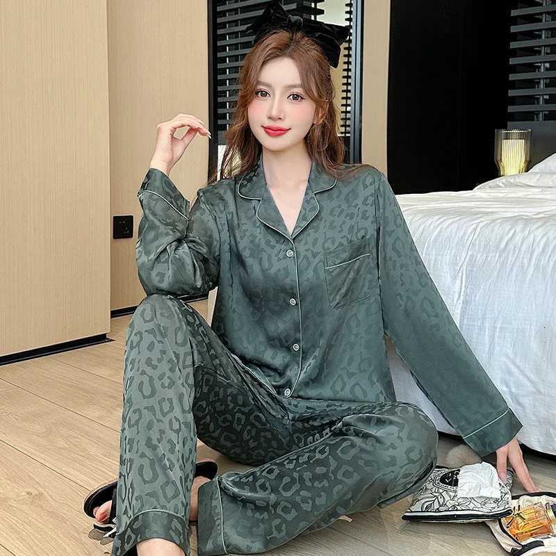 3XL Plus Size Leopard Pattern Spring New Ice Silk Pajamas Women Long Sleeved Pants Set Can Be Worn Outerwear Sleepwear Z250925