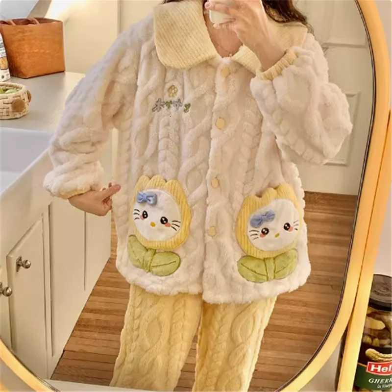 2024 New Coral Fleece Pajamas Women Thick Suit Lapels Cartoon Sweet Girls Flannel Loungewear Casual Warmth Famale Sleepwear Sets Z250925
