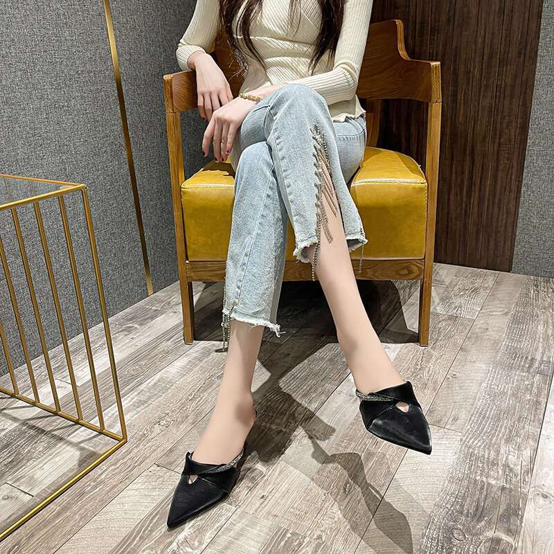 2024 Manufacturer Wholesale Pointed Stiletto Women's Bun Toe Back Half Drag Casual Girly Style High Heel Sandals