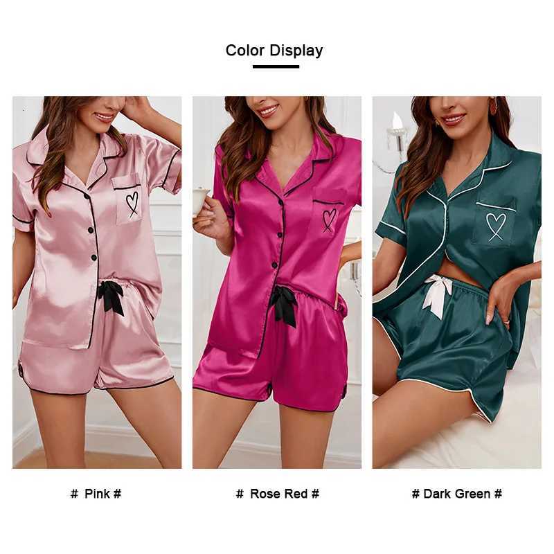 Womens Pajamas Lounge Set Heart Embroidered Pocket Patched Sleepwear Button Down Short Sleeve Top Shorts Pyjama Home Clothing Z250925