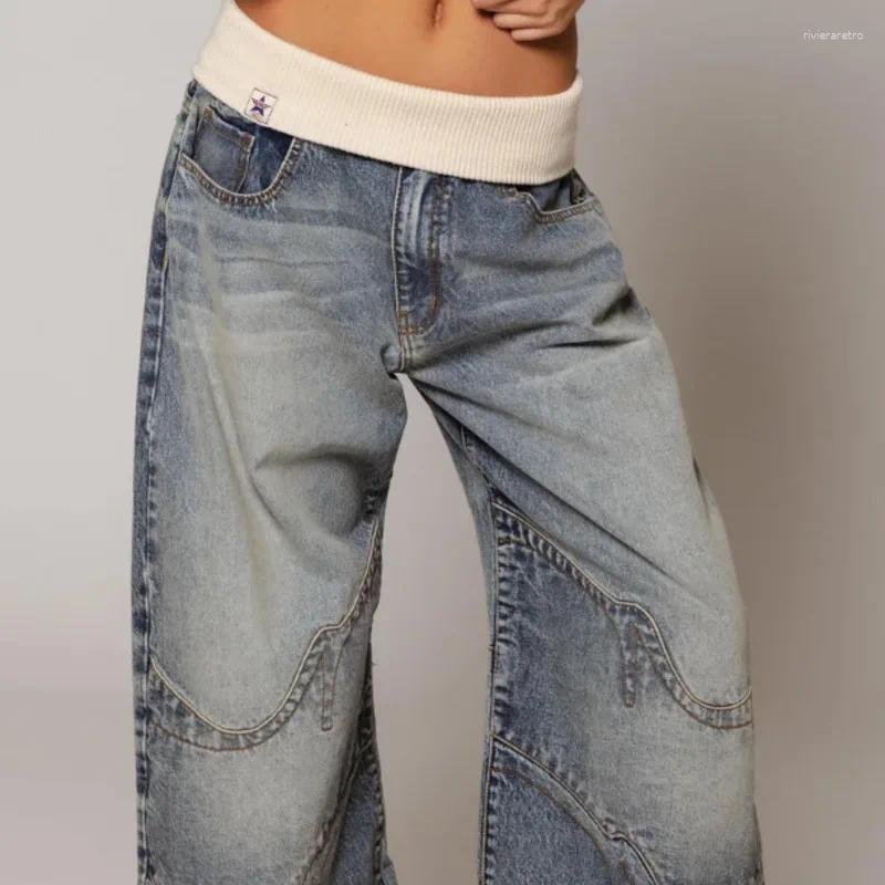 Women's Jeans Retro Splicing Y2K Street Style Washed Blue Neutral Straight Hip Hop Loose Design Casual Pants Z260313