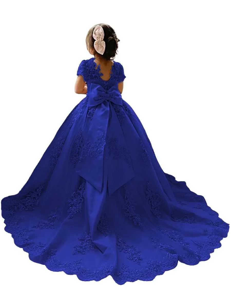 Girls Princess Flower Girl Dresses for Wedding With Bowknot Beaded Appliques Pageant Dress Kids Long Train Wedding Party Gowns Z250926